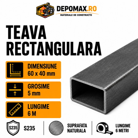 Teava rectangulara 60 x 40 x 5 mm, 6 metri